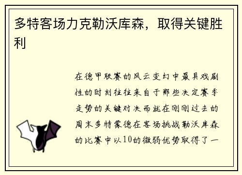 多特客场力克勒沃库森，取得关键胜利
