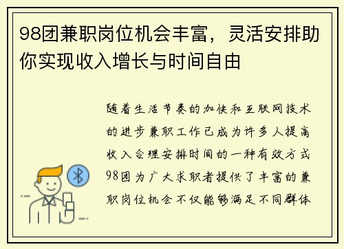 98团兼职岗位机会丰富，灵活安排助你实现收入增长与时间自由