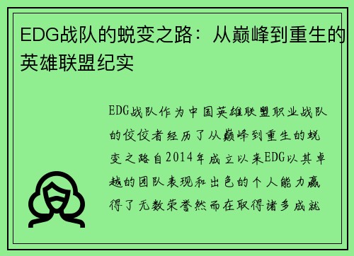 EDG战队的蜕变之路：从巅峰到重生的英雄联盟纪实